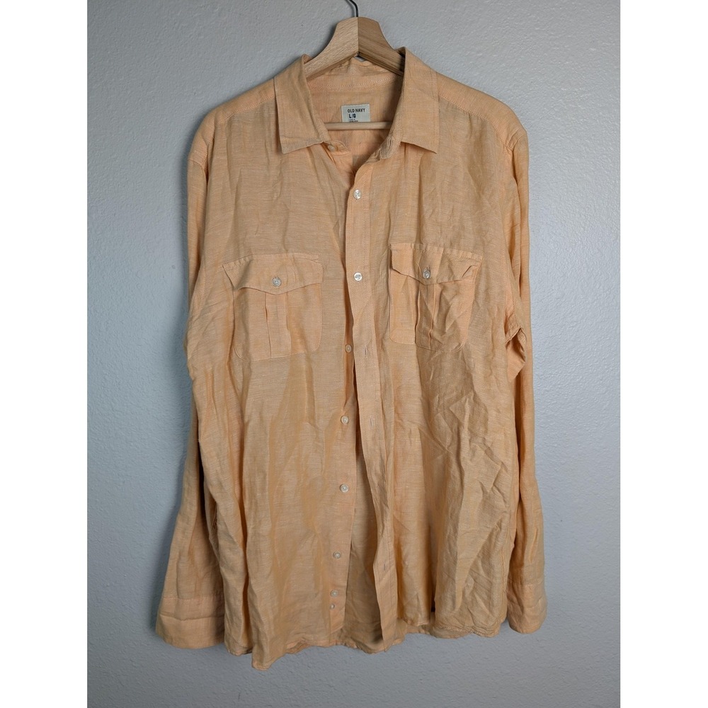 Old Navy Shirt Mens Large Orange Linen Cotton Button Front Long Sleeve Pockets